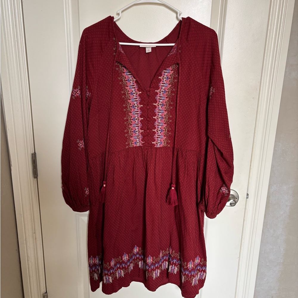 Knox Rose Long Sleeve Burgundy Embroidered Tunic Dress